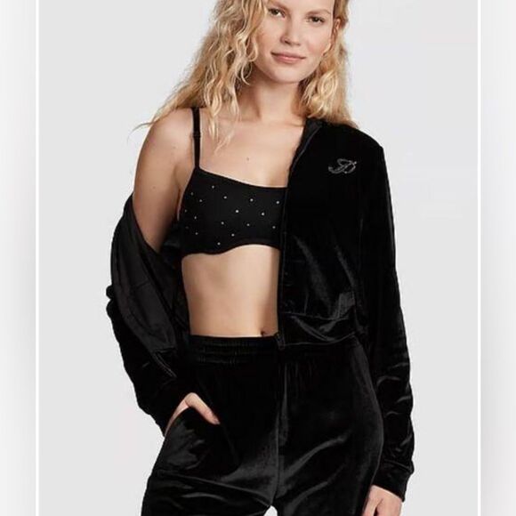 Pink by Victoria’s Secret Black Velour bling Y2K Tracksuit Set Sz LG/XL - Picture 1 of 6